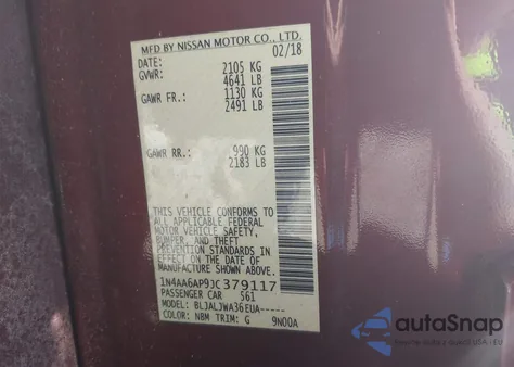 2018 Nissan Maxima 3.5 Sv z USA, uszkodzony, nr VIN 1N4AA6AP9JC379117